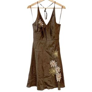 ANN Taylor LOFT Brown Linen Embroidered Floral V-Neck Halter Dress Size 2